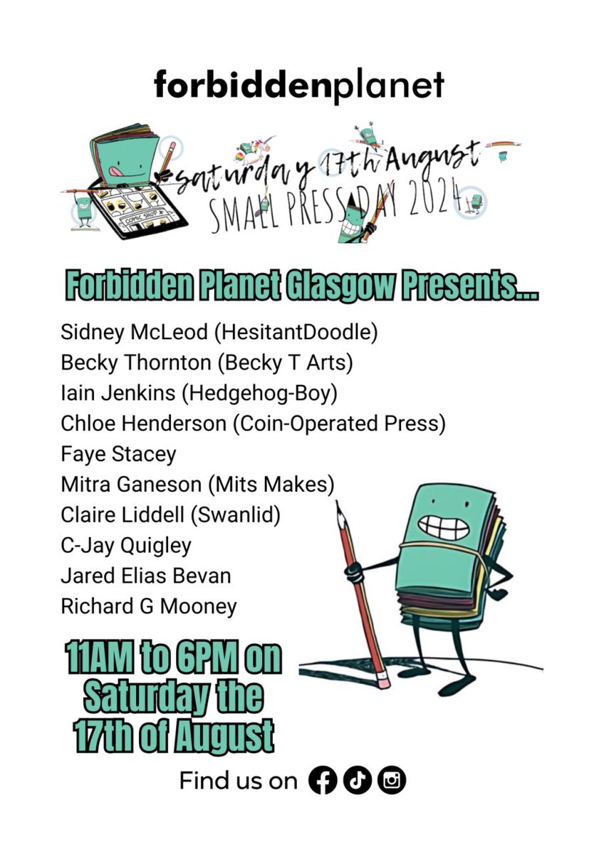 So excited to say that we are going to be at <a href="/FPGlasgow/">FPGlasgow</a> <a href="/SmallPressDay/">Small Press Day - Saturday 19th July!</a> on the 17th August.

Come say pop down and say hi

#SmallPressDay