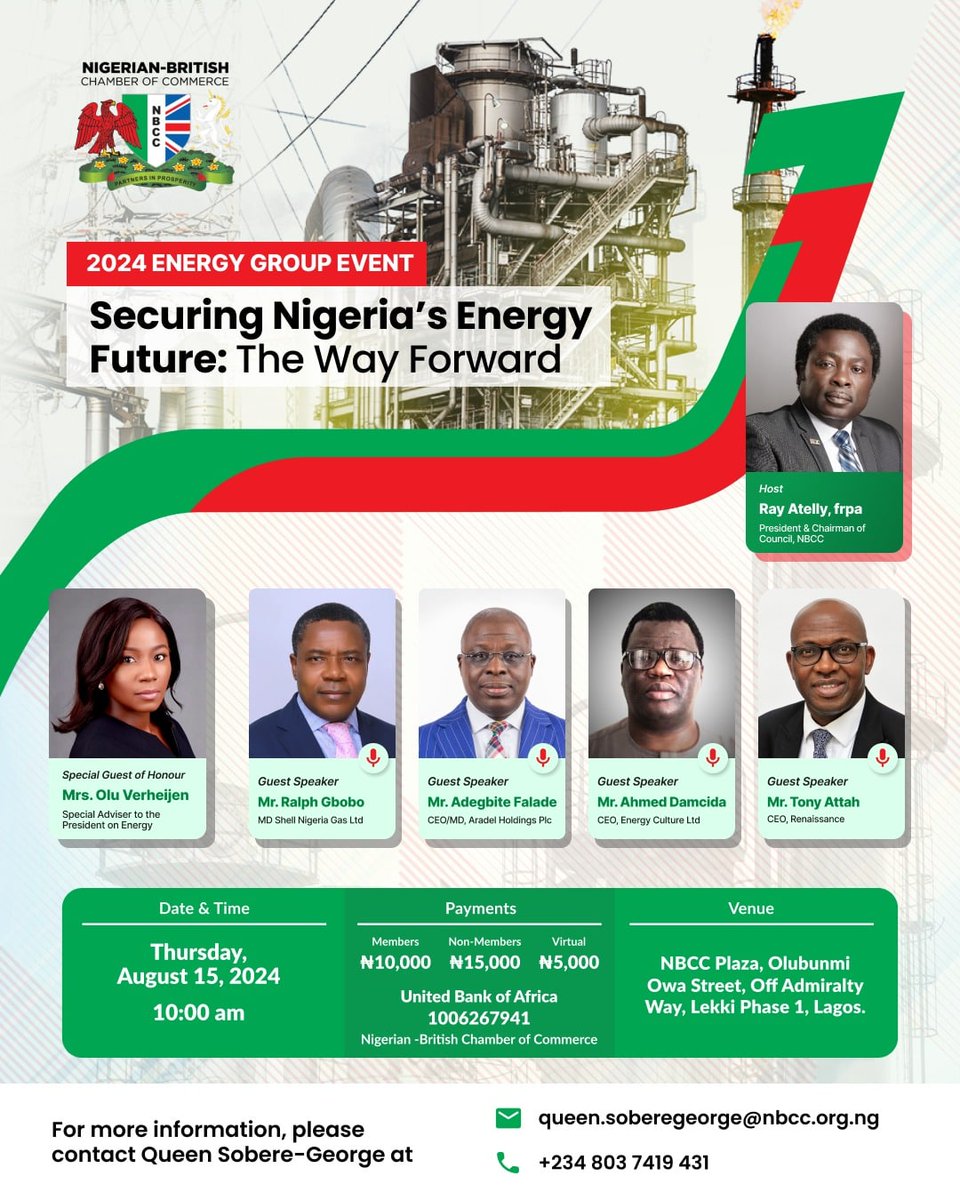 Register to join:
bit.ly/2024ENERGYEVENT

Date: Thursday, August 15, 2024
Time: 10:00 AM 
Venue: NBCC Headquarters, Olubunmi Owa Street, Lekki Phase 1, Lagos / ZOOM

Participation Fee :
Members: N10,000 
Non-members: N15,000 
Virtual: N5,000