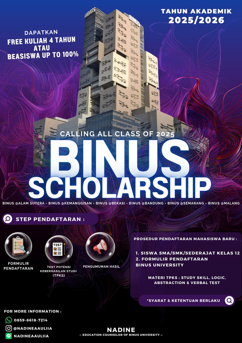 hellaurr everyonee, untuk temen-temen kelas 12 yang mau tanya mengenai informasi beasiswa dan konsultasi jurusan yang ada di BINUS University bisa langsung contact aku ajaa yawww~