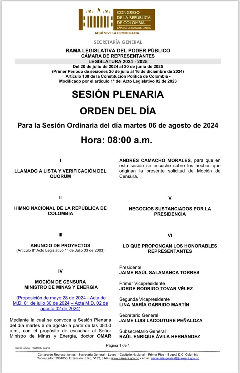 Hoy es la moción de censura al Ministro de Minas y energia, <a href="/andrescamachom_/">Andrés Camacho M.</a> Vamos a evidenciar como ante una posible crisis energética el Ministerio no tiene ruta clara de transición.

Este Gobierno pretende entregar nuestra soberanía energética al dictador Maduro.