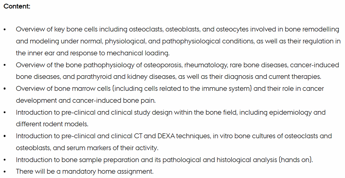 Amazing opportunity for phd-students working with #bone this fall: A comprehensive phd-course about bone biology 🦴and pathology ☠️ covering research approaches from pre-clinic to clinic held in Denmark. Highly recommended 🤩<a href="/ECTS_soc/">ECTS</a> <a href="/ECTS_science/">ECTS_Science</a>

au.phd-courses.dk/CourseCatalog/…