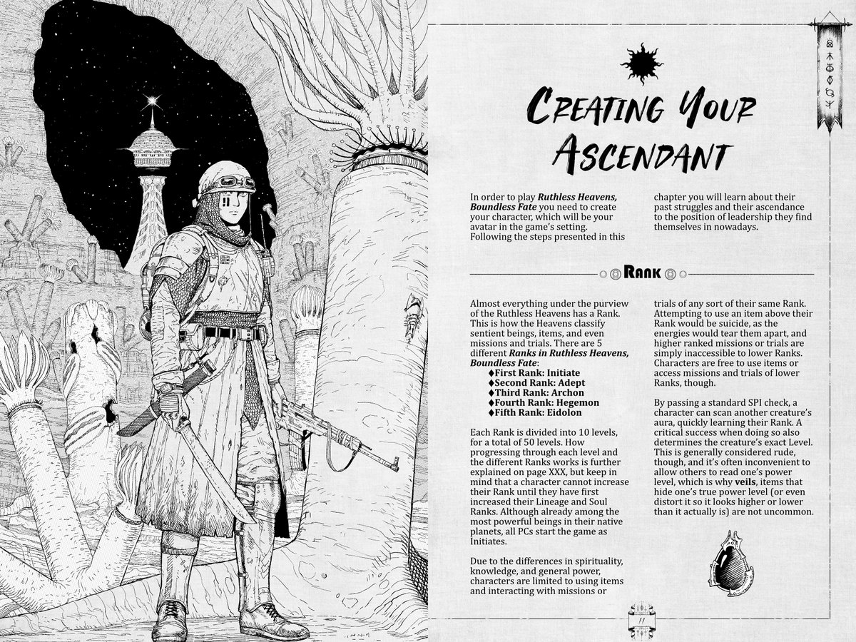 iamthehornedone's tweet photo. My science fantasy OSR RPG, RUTHLESSS HEAVENS, BOUNDLESS FATE, with art from @y_naf, @stegocephal, @RePlayMaster, @GPejeau and many more, is finally available on PDF and PoD formats! Go grab a copy on all the usual places! https://t.co/22zTH4DpA2
