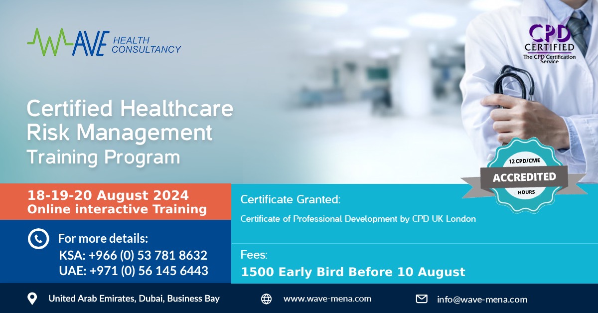 WAVEHealthCons1's tweet photo. Certified #Healthcare Risk Management, #Online Interactive #Training 
🗓️ 18-19-20 Aug 2024 
Certificate of professional development CPD #London, 12 #CPD
 Register: https://t.co/funK3381DG
#CPHRM #ادارة_المخاطر #riskmanagement #patientsafety https://t.co/aU7YcIJHEB