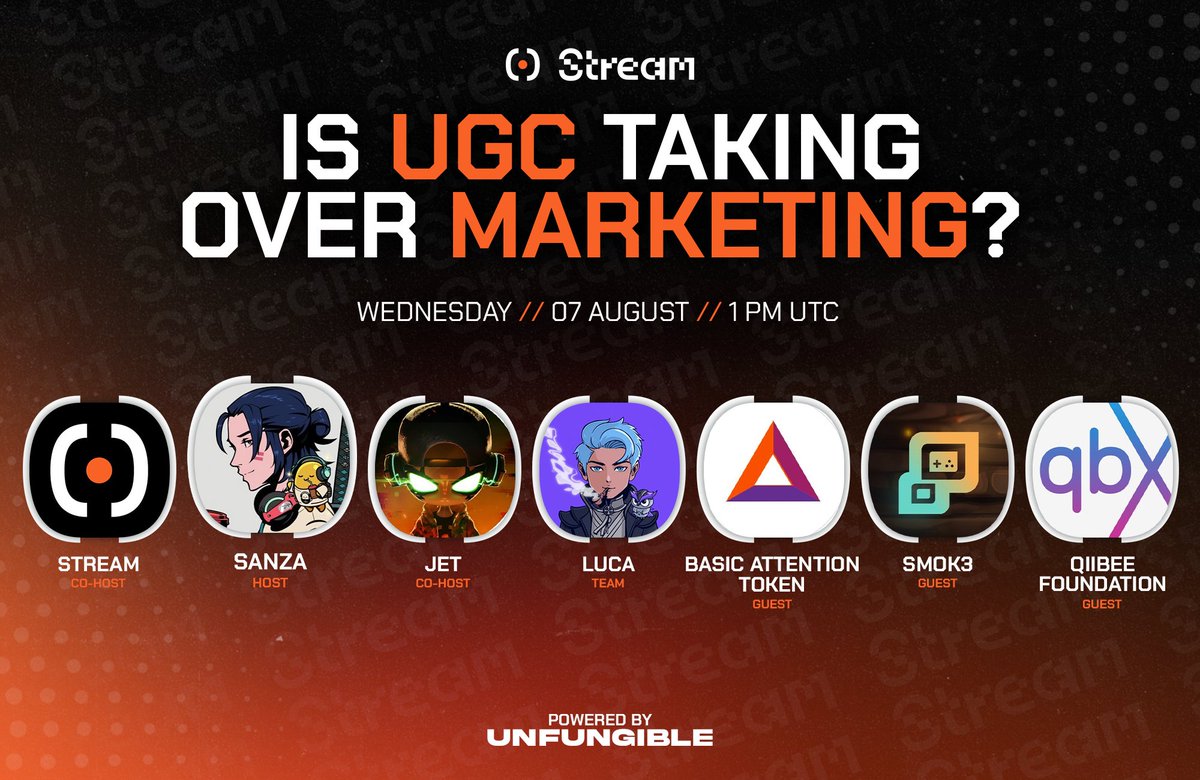 streamhq_xyz's tweet photo. 🚀 Get ready for the ultimate midweek excitement!

Join @sanza, @0xJetStream, @jpeg_luciano, @AttentionToken, @smok3io and @qiibeefdn for "Is UGC Taking Over Marketing?" space and grab an EXCLUSIVE Stream Beta Access Code.

Quick tips: 
• Be on desktop 
• Download StreamPod: https://t.co/cuMIqzhTks
• HAVE FUN!