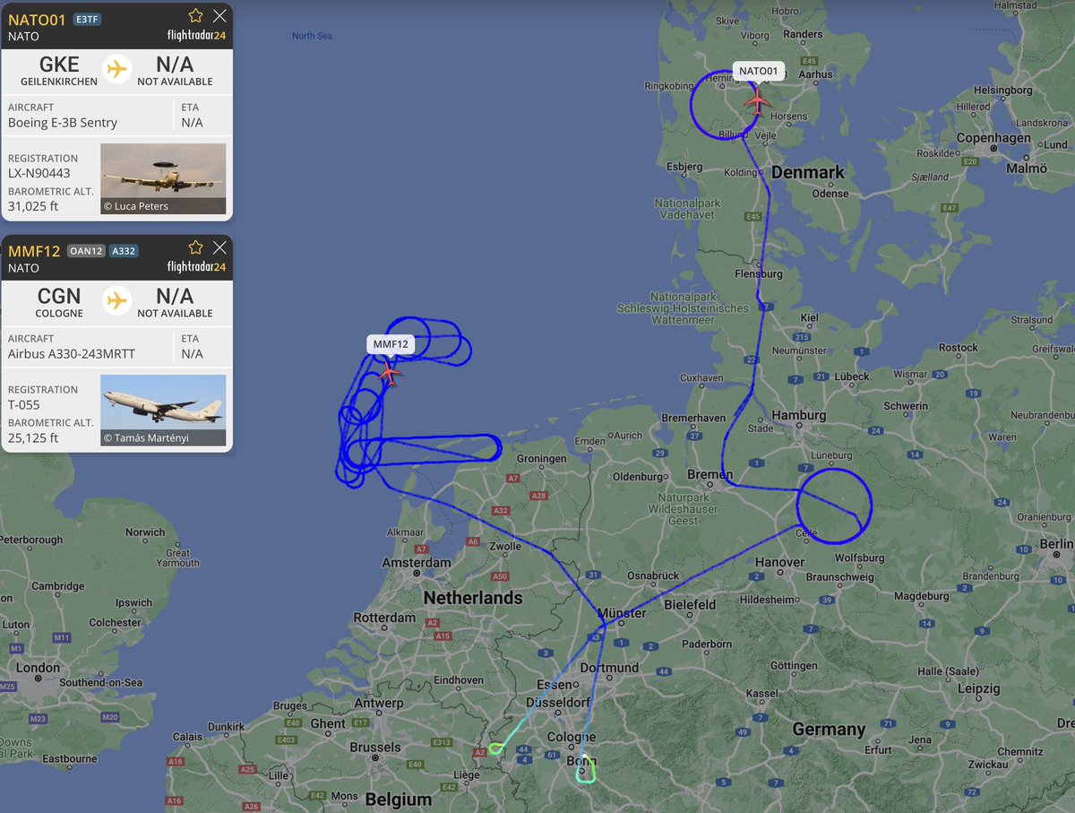 alternativewip's tweet photo. #NATO E-3B sentry awacs / A330 MRTT seen on the flight radar over europe, circling over the north sea off the coast of the netherlands and denmark, departures from geilenkirchen air base and flughafen köln. #NATO01 #MMF12 https://t.co/3f6kbxRNGQ