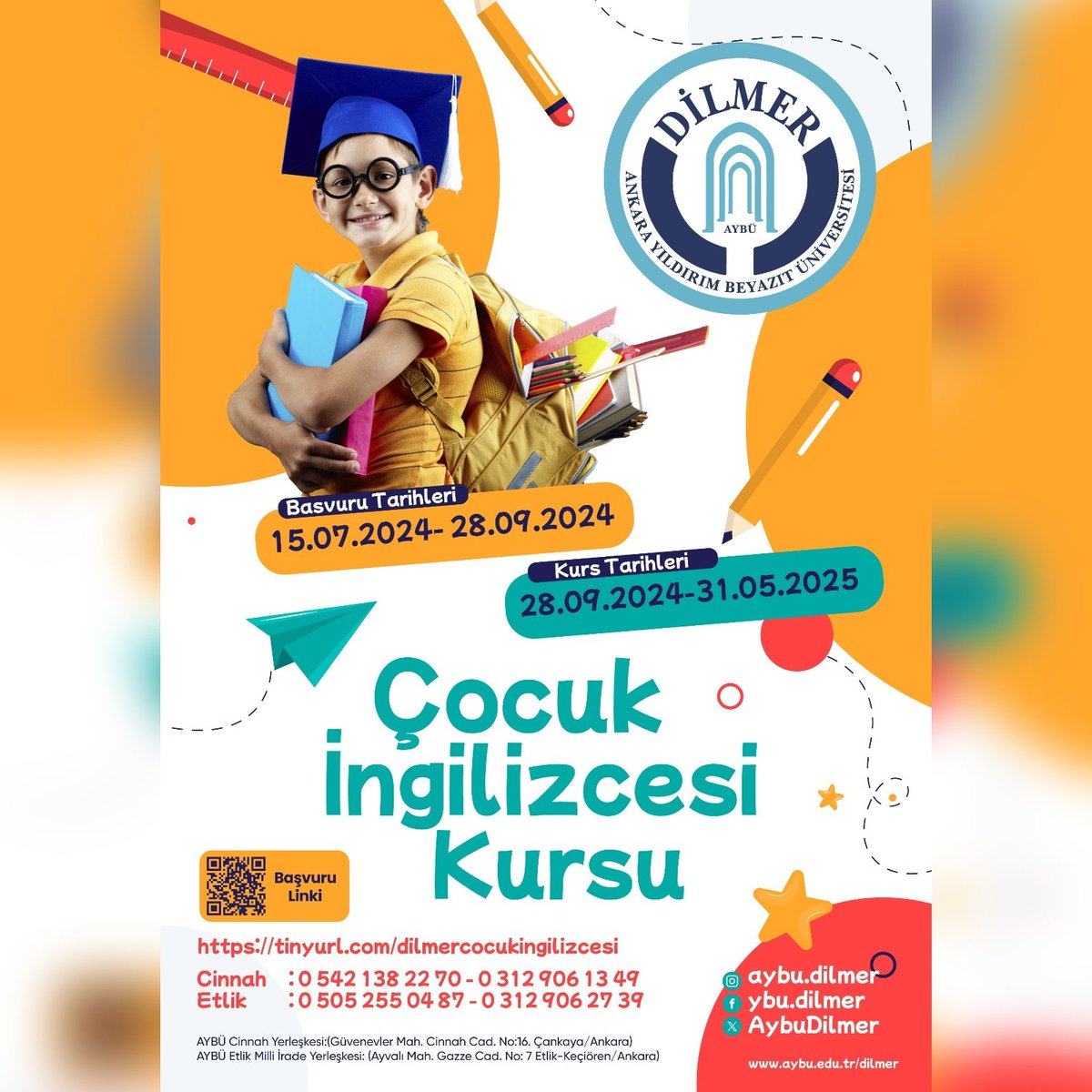 AYBÜ DİLMER'de 2024-2025 eğitim öğretim yılı Çocuk İngilizcesi Kursu başvuruları başlamıştır. Detaylı bilgi ve başvuru için tıklayınız: tinyurl.com/dilmercocuking…
<a href="/ybuankara/">Ankara Yıldırım Beyazıt Üniversitesi</a> <a href="/acengizkoseoglu/">Ali Cengiz Köseoğlu</a>