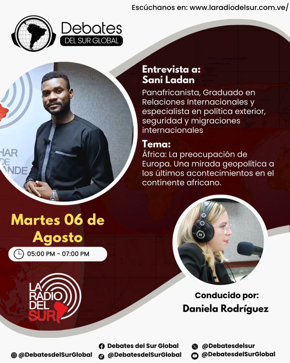 Debates del Sur Global 🌎 (@debatesdelsur) on Twitter photo La preocupación de Europa. Una mirada geopolítica a los últimos acontecimientos en el continente africano, es el tema que vamos a debatir hoy a partir de las 5pm en #DebatesDelSur por la Radio del Sur y Tvfanb con nuestra Dra <a href="/danialerodrimar/">Daniela A. Rodríguez M.</a> y su invitado especial Sani Ladan. La preocupación de Europa. Una mirada geopolítica a los últimos acontecimientos en el continente africano, es el tema que vamos a debatir hoy a partir de las 5pm en #DebatesDelSur por la Radio del Sur y Tvfanb con nuestra Dra <a href="/danialerodrimar/">Daniela A. Rodríguez M.</a> y su invitado especial Sani Ladan.