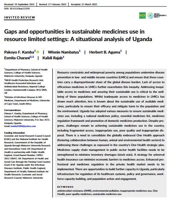 PharmacistsUg's tweet photo. What We're Reading This Week! 📚

Ugandan study highlights challenges in medicine access, quality, and disposal. Key recommendations: adopt One-Health approach, strengthen supply chains, implement universal insurance,  and build capacity. 
https://t.co/RpImqJ11Rh https://t.co/Hojte4EnVo
