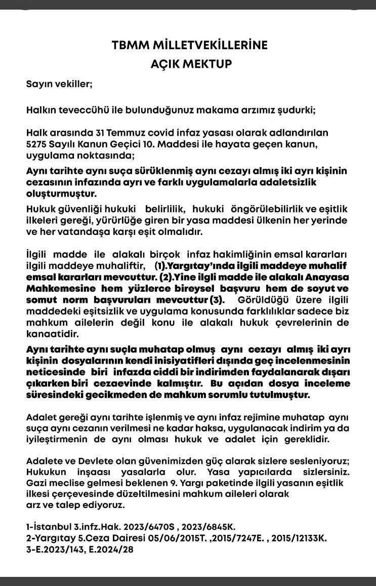 Kader mahkumlarının yakınlarından Sn. <a href="/TBMMresmi/">TBMM</a>’ye açık mektup ✉️ 

Gazi Meclisimizin mağduriyetlere meydan vermeyeceğini umut ediyoruz!!