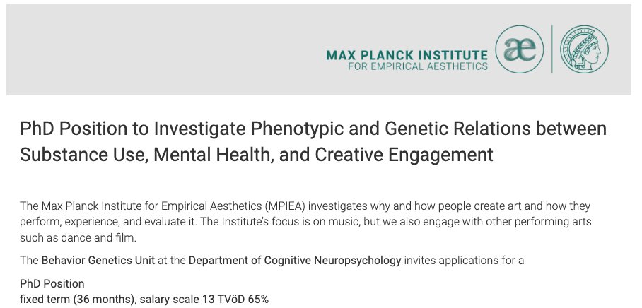 Laura Wesseldijk (@laurawesseldijk) on Twitter photo Come and join our team as a PhD candidate for this exciting project on phenotypic and genetic relations between substance use, mental health, and creative engagement in a great and interdisciplinary team with <a href="/MPI_ae/">Max Planck Institute for Empirical Aesthetics</a>, <a href="/karolinskainst/">Karolinska Institutet</a> and <a href="/amsterdamumc/">Amsterdam UMC</a>! See e-recruiting.pro/jobposting/a8d… Come and join our team as a PhD candidate for this exciting project on phenotypic and genetic relations between substance use, mental health, and creative engagement in a great and interdisciplinary team with <a href="/MPI_ae/">Max Planck Institute for Empirical Aesthetics</a>, <a href="/karolinskainst/">Karolinska Institutet</a> and <a href="/amsterdamumc/">Amsterdam UMC</a>! See e-recruiting.pro/jobposting/a8d…