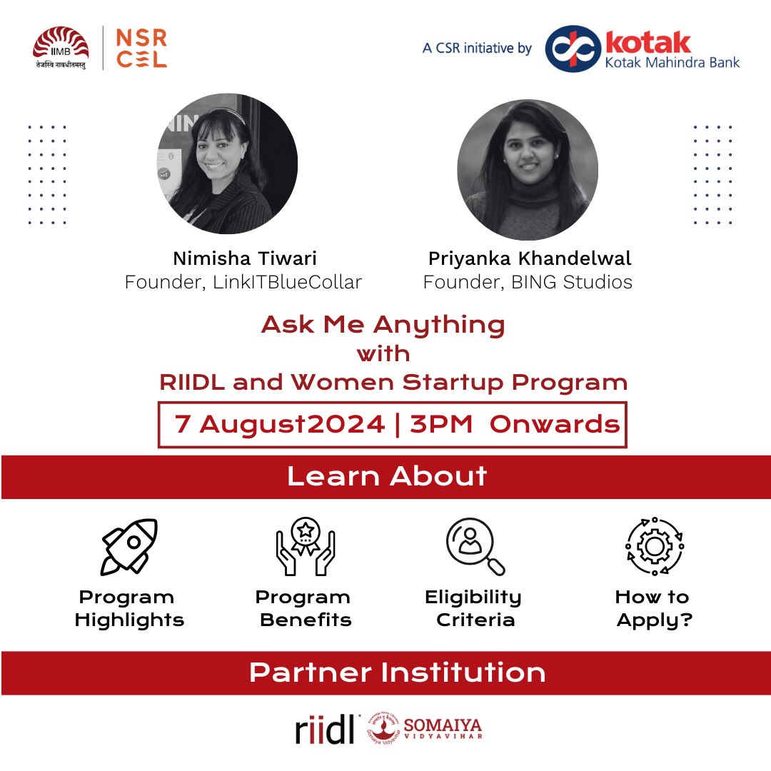 Nimitiwari's tweet image. Sign up now for Aug 7 webinar on free Women Startup Program by @nsrcel 

Sign up here: forms.gle/Rtw9gjxQBnJ9Db…

#WomenEmpowerment #incubation #Womenstartupprogram 
#india 

@LinkITBlueCollr