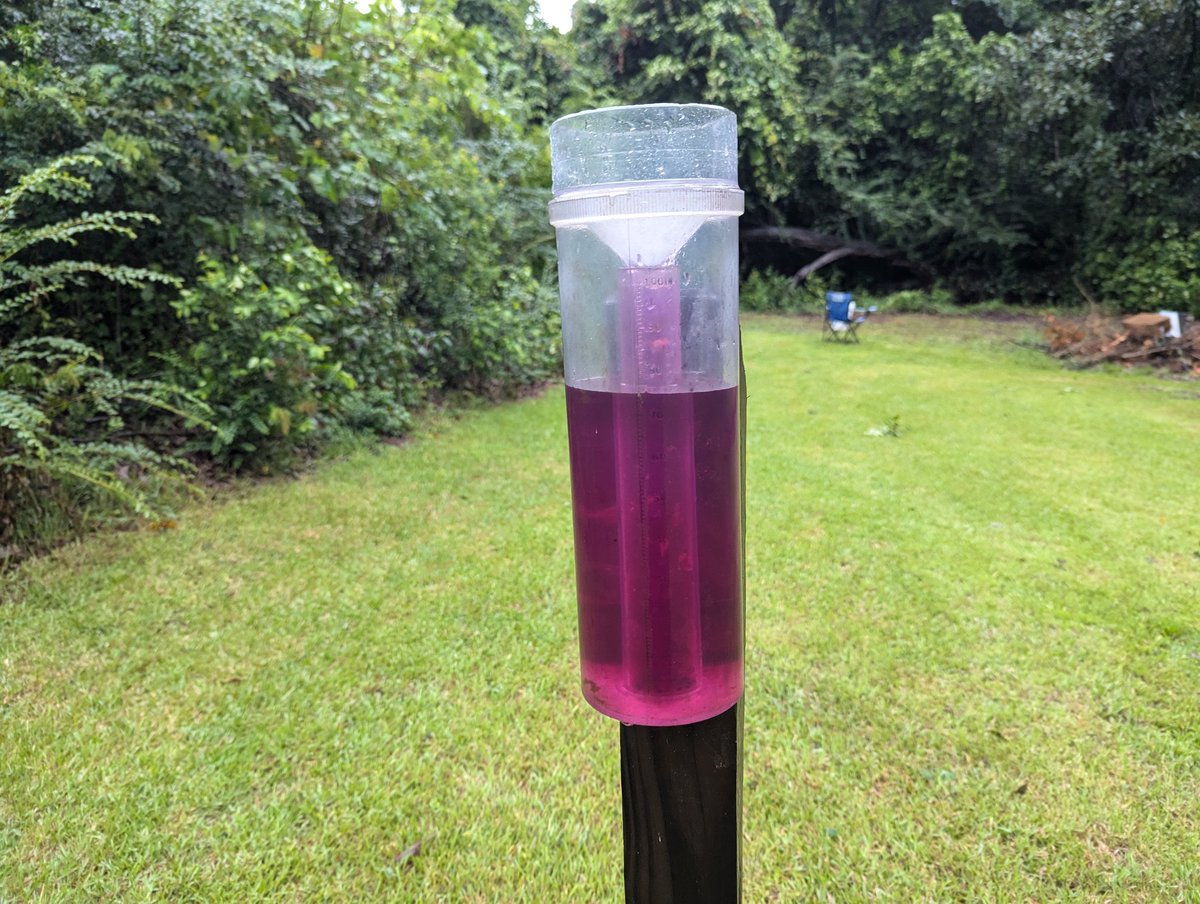 7.6 inches of rain measured this morning in Charleston Farms <a href="/RobStormTeam2/">Rob Fowler</a> <a href="/LCWxDave/">Dave Williams</a> <a href="/chswx/">Charleston Weather - chswx.com</a> <a href="/CoCoRaHS/">CoCoRaHS</a> 

Red color is for berries in bird poop not Debby's wrath.