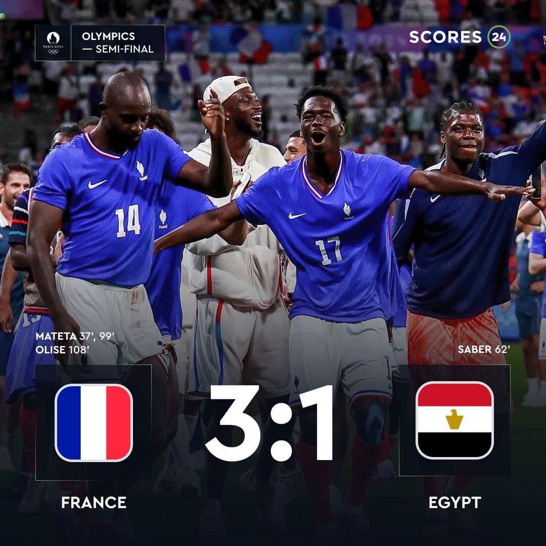 sportzzhq's tweet photo. France came from behind to win Egypt with Mateta scoring a brace
They will play Spain in the final
#OlympicGames #Paris2024
#mufc #mistakenly #mbappe #sanderberge #Esebrume #Favourofili #osimhen #Antony #leaked #SSSE #ugarte #Tiwa https://t.co/wyIcTRVP5h