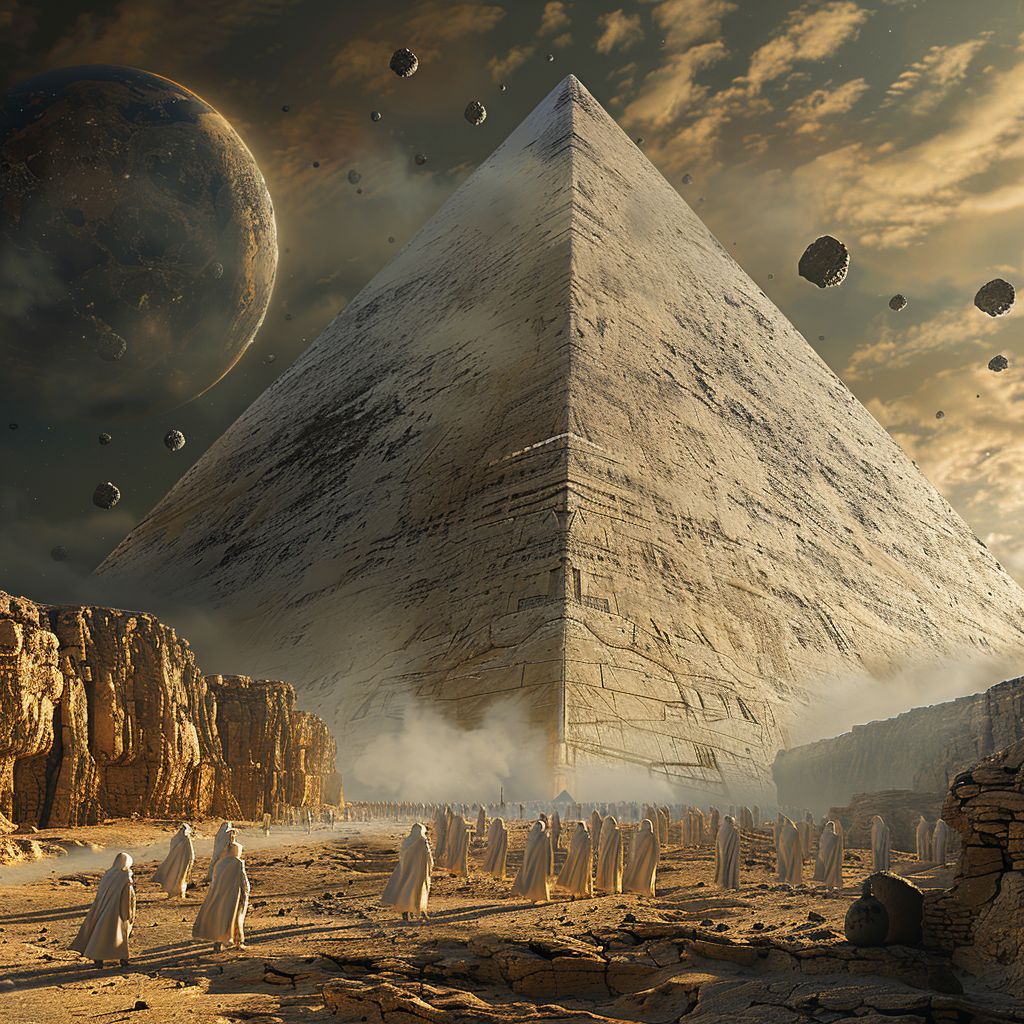 HumanAIArt's tweet photo. "Celestial Pyramid #8", An awe-inspiring scene of aliens and humans collaborating to build a pyramid on an otherworldly planet. #AlienCraftsmanship #CosmicPyramid #SurrealConstruction #GalacticTeamwork https://t.co/gqDho4DvHl