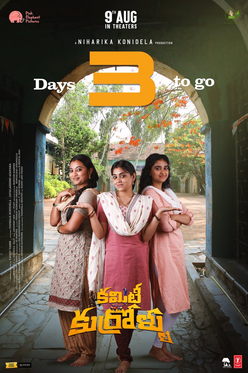 Pink Elephant Pictures (@pinkelephant_p) on Twitter photo The trio, the support to our #CommitteeKurrollu ❤️🔥
There will be some more fun & more friendship waiting for you. 3⃣ days to go 🔥
🎟 bit.ly/3WB1t25
See you in theatres from 9th August
#CKonAUG9 🍿
<a href="/IamNiharikaK/">Niharika Konidela</a> <a href="/SRDSTUDIOS_/">Shree Radha Damodar Studios</a> <a href="/yadhuvamsi92/">YADHU VAMSEE</a> <a href="/eduroluraju/">Edurolu Raju</a> <a href="/anudeepdev/">Anudeep Dev</a> The trio, the support to our #CommitteeKurrollu ❤️🔥
There will be some more fun & more friendship waiting for you. 3⃣ days to go 🔥
🎟 bit.ly/3WB1t25
See you in theatres from 9th August
#CKonAUG9 🍿
<a href="/IamNiharikaK/">Niharika Konidela</a> <a href="/SRDSTUDIOS_/">Shree Radha Damodar Studios</a> <a href="/yadhuvamsi92/">YADHU VAMSEE</a> <a href="/eduroluraju/">Edurolu Raju</a> <a href="/anudeepdev/">Anudeep Dev</a>