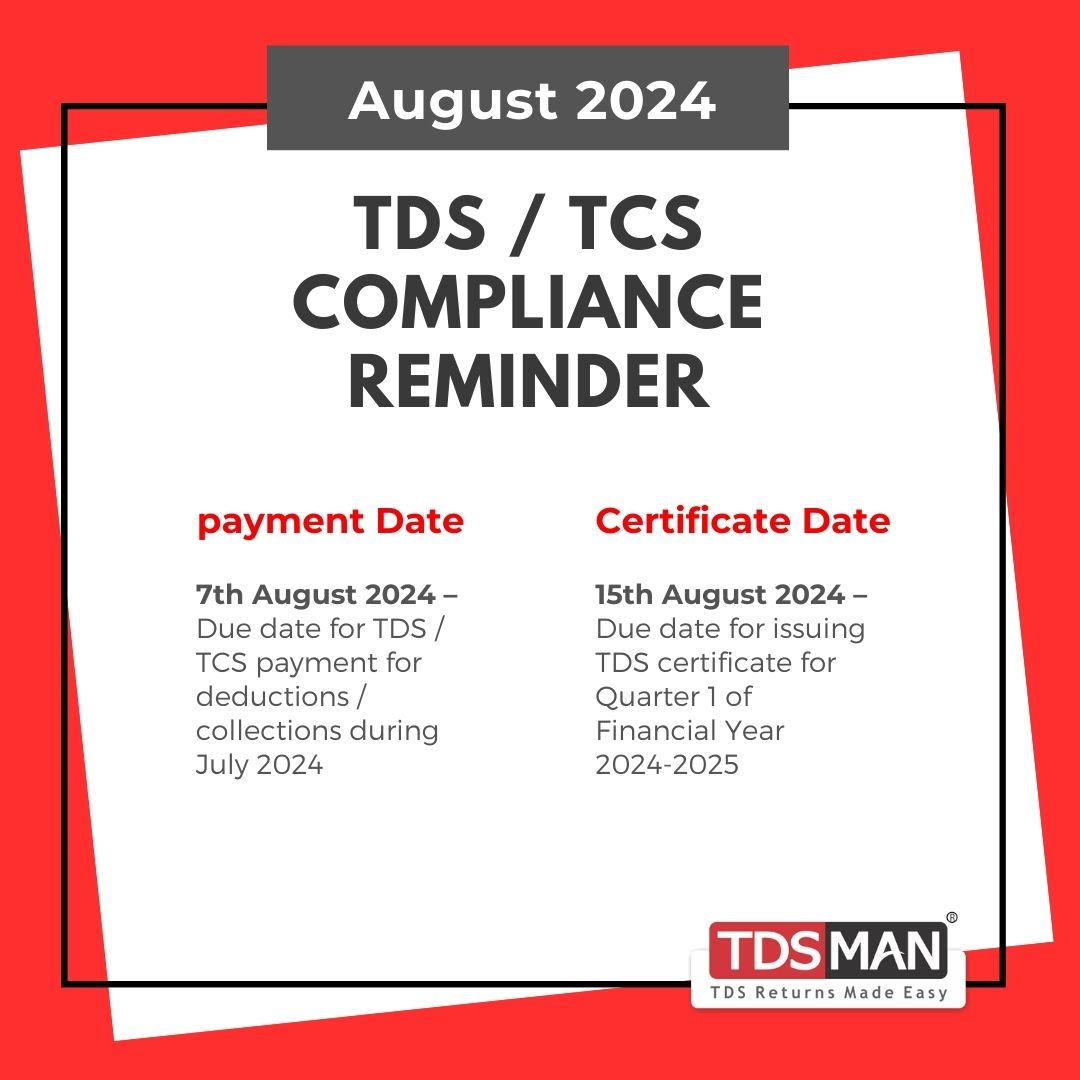 TDS_MAN's tweet photo. TDS / TCS Compliance Reminder for August 2024
Click here: https://t.co/HbWWwUxrCK
#TDSMAN #TDSRETURN #tdsfiling #TDS #TCS #TDSSoftware #incometax https://t.co/XgeXNMitas