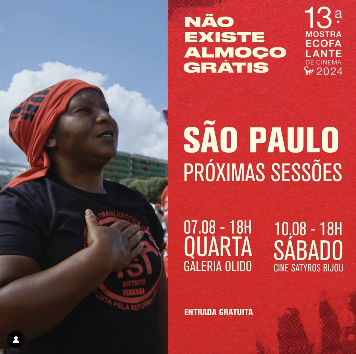 Assisti o emocionante filme "Não existe almoço grátis" na @Mostraeco seguido de um debate com os diretores, as estrelas e as fantásticas <a href="/DeboraLimaMTST/">Débora Lima MTST</a> <a href="/EdianeMariaMTST/">Ediane Maria</a> e Bel Coelho. Há mais duas sessões na mostra, não percam! 🤩