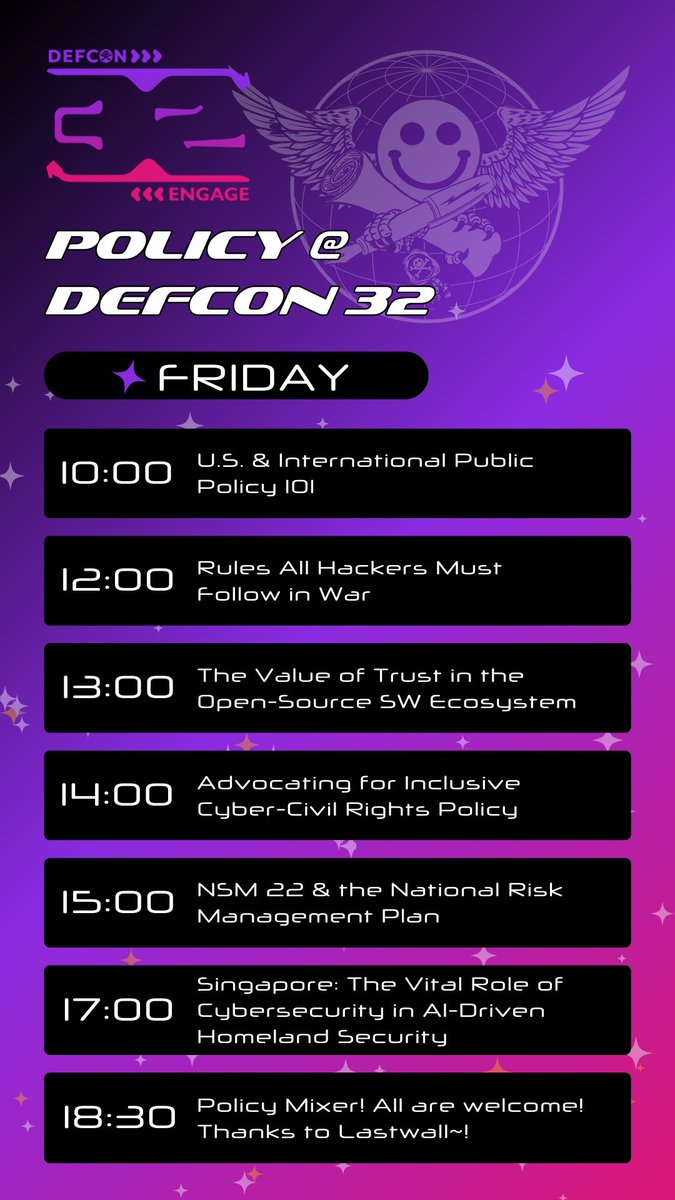 DEFCONPolicy's tweet photo. Getting hyped for this weekend! Hackers and policymakers both encouraged to come to the table at @defcon! See you at LVCC-West room 237 #PolicyAtDefcon32 #YouWantToBeInTheRoomWhereItHappens https://t.co/kCsrJHfMSe