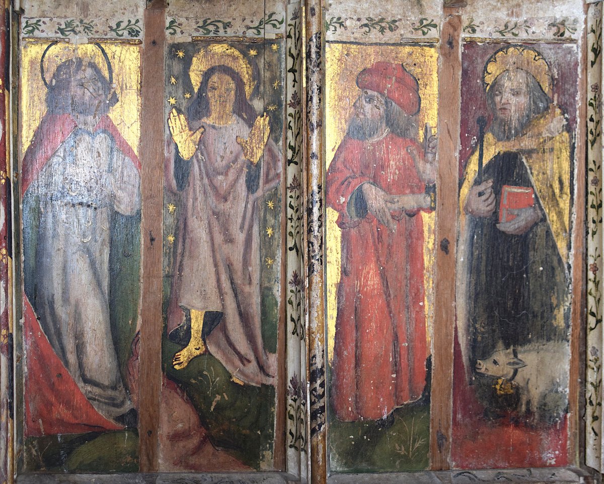 SimoninSuffolk's tweet image. The Transfiguration on the early 16th Century rood screen at Westhall, one of Suffolk's very best churches. Christ faces us, flanked by Moses and Elijah. On the right, and not part of the story, St Anthony and his little pig look on.

Today is the feast of the Transfiguration.…