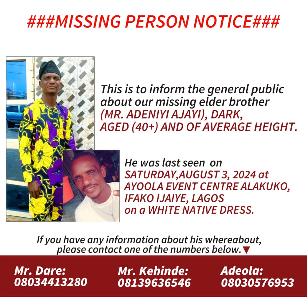 MurainaL's tweet photo. Missing person alert! My brother went missing in Alakuko on Saturday August 3. Kindly help repost and attract Police #NPF attention. @_hamzat_kaz
@ReAyodeji @murainanurudee6 @alhglo01
@Hussein_smk
@BenHundeyin @PoliceNG
#Kidnapping #Unknowngun #MISSINGPERSON #protest https://t.co/xdnz4IgyX8