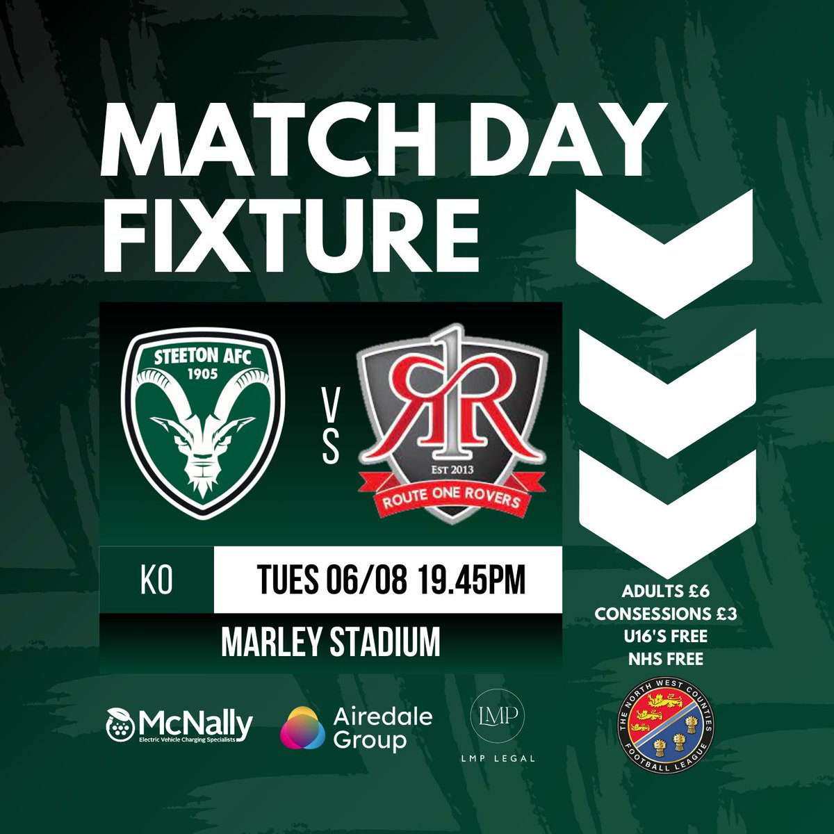 Steeton AFC (@steetonfc) on Twitter photo ⚽ IT'S MATCHDAY!
🆚️ <a href="/R1_Rovers/">Route One Rovers</a>
🗓 6/8/2024
🏆 <a href="/nwcfl/">The NWCFL ⚽️</a> First Division North
🏟 Marley Stadium
🚩 BD21 4DB
⏰️ 7:45pm
💷 £6 Adults; £3 Concessions; FREE for Under-16's, NHS, and Club Chevron members
#chevrons ⚽ IT'S MATCHDAY!
🆚️ <a href="/R1_Rovers/">Route One Rovers</a>
🗓 6/8/2024
🏆 <a href="/nwcfl/">The NWCFL ⚽️</a> First Division North
🏟 Marley Stadium
🚩 BD21 4DB
⏰️ 7:45pm
💷 £6 Adults; £3 Concessions; FREE for Under-16's, NHS, and Club Chevron members
#chevrons