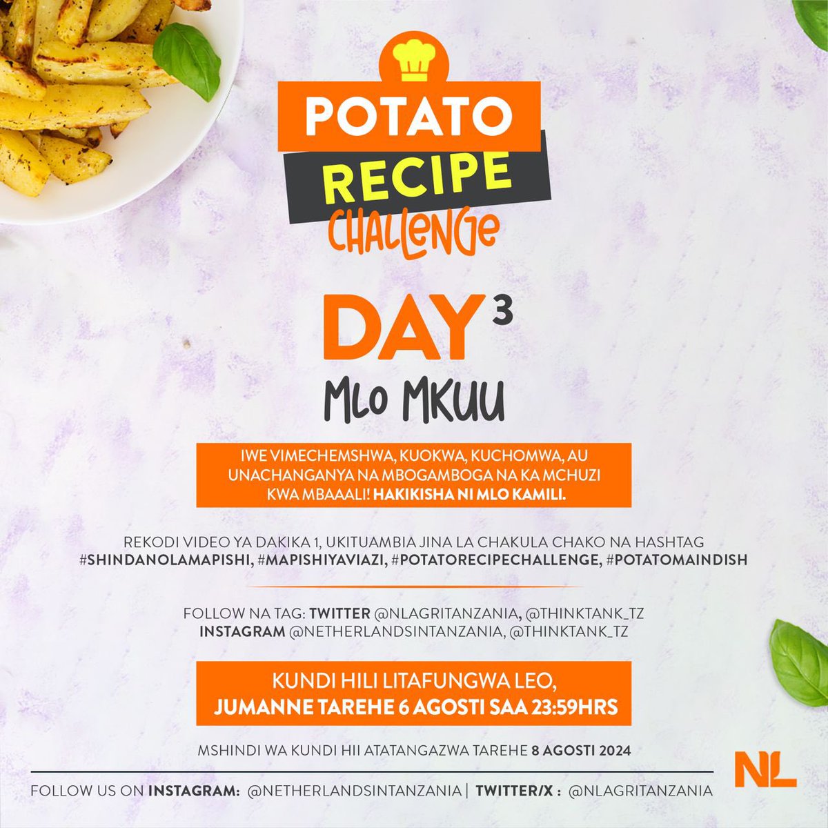 #shindanolamapishi linaendelea! Leo ni zamu ya mlo mkuu (main meal).Onyesha ujuzi wa kupika viazi, rekodi video ya dk 1, ukituambia jina la chakula, follow &amp; tag
<a href="/NLAgriTanzania/">NLAgriTanzania</a> &amp; <a href="/thinktank_tz/">Thinktank_tz</a> 
Dish lenye mvuto zaidi kushinda!kundi hili litafungwa leo 23:59pm
#shindanolamapishi