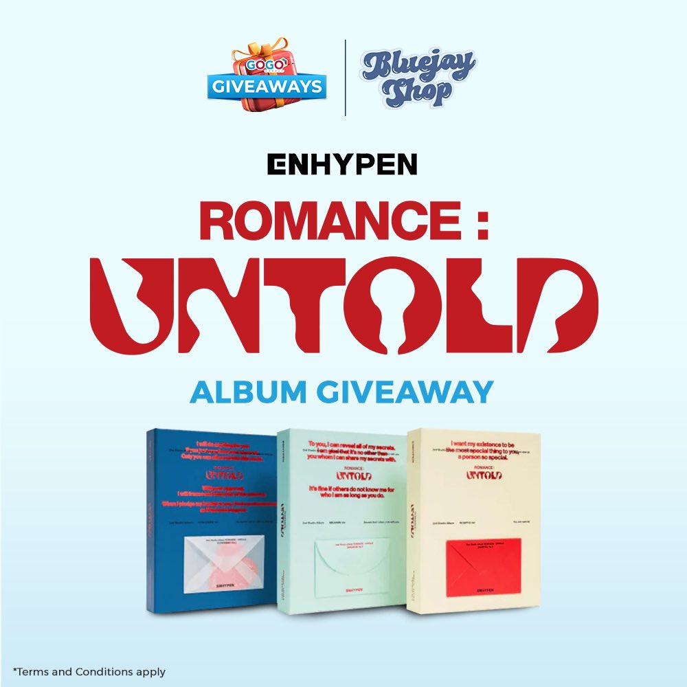 bluejayshop's tweet photo. #Bluejayshop_GA x #GoGoXpress
SEALED ENHYPEN ROMANCE:UNTOLD ALBUM GIVEAWAY! ๐ฅณ
- follow us + @gogo_xpress ๐
- like and retweet
- reply/use #GoGoXpress
will draw asap! ๐ถโโ๏ธ https://t.co/Ma3VCVUdBh
