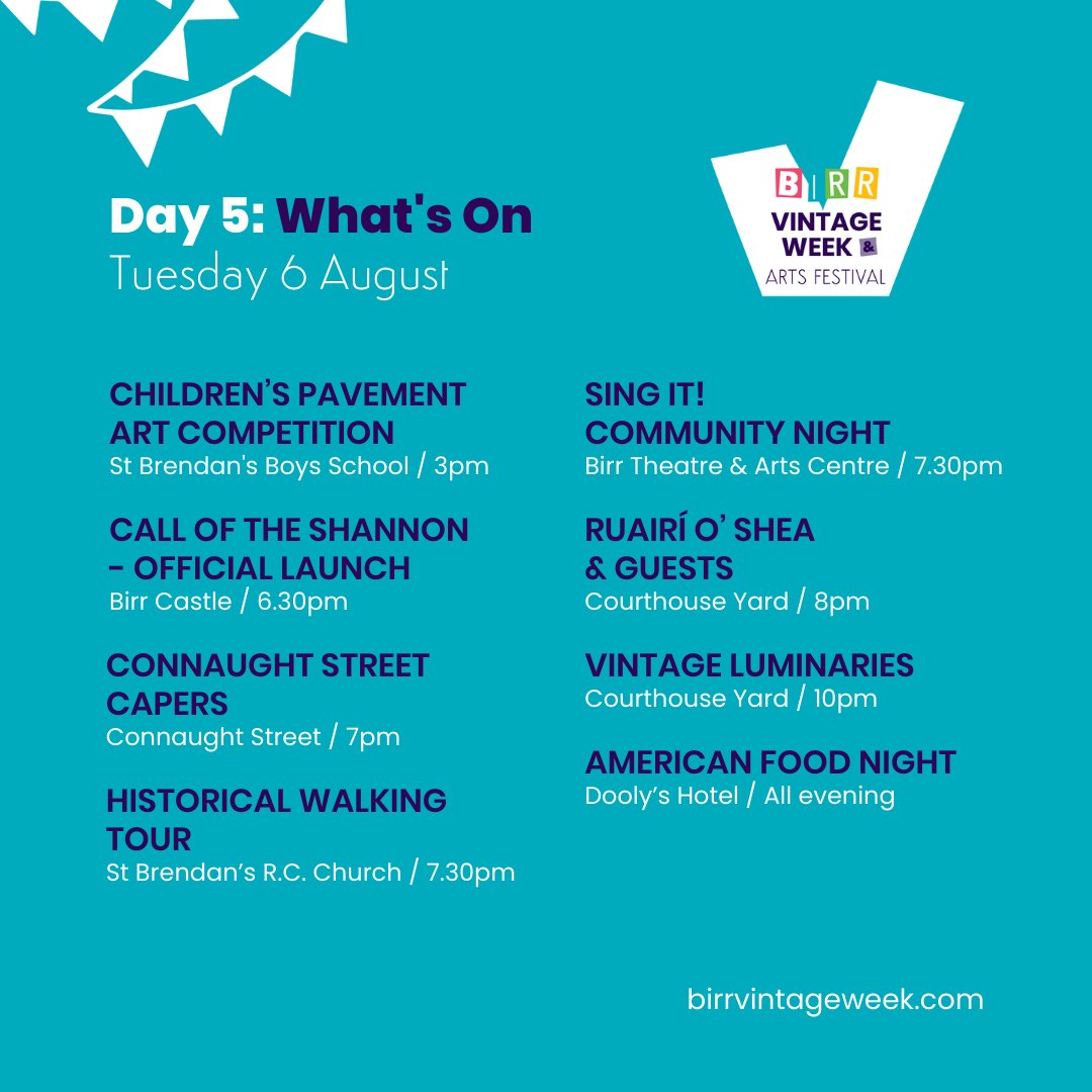 🎩 DAY 5 - WHAT'S ON

Ready for more, Birr?

❗️Please take note of our Sold Out events today as it won't be possible to accommodate walk-ups at these.

🎟️ Tickets &amp; more info: birrvintageweek.com