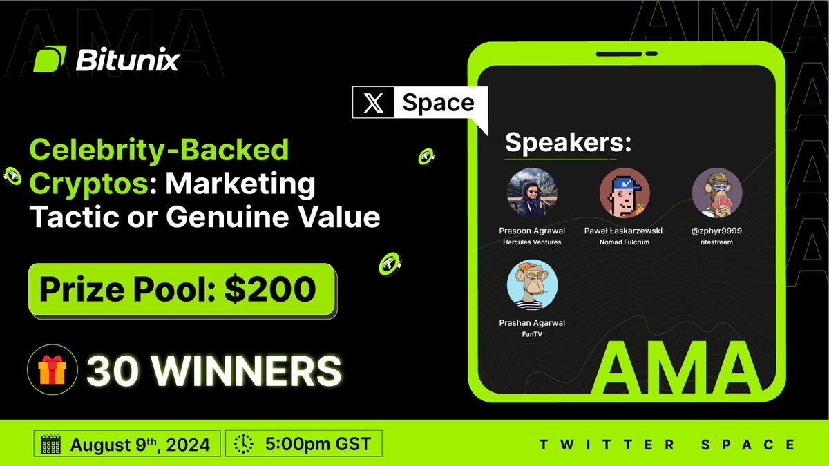 BitunixOfficial's tweet image. 3 Days Left 🚨 

Join #Bitunix&apos;s X Space to get insights about the &apos;Celebrity-Backed Cryptos: Marketing Tactics or Genuine Value?&apos; 

🔸Enter our $200 Giveaway, 30 winners: 

1️⃣ Follow @BitunixOfficial
2️⃣ RT (the announcement tweet) with #BitunixAMA+ Tag 3 Friends 
3⃣ Set…