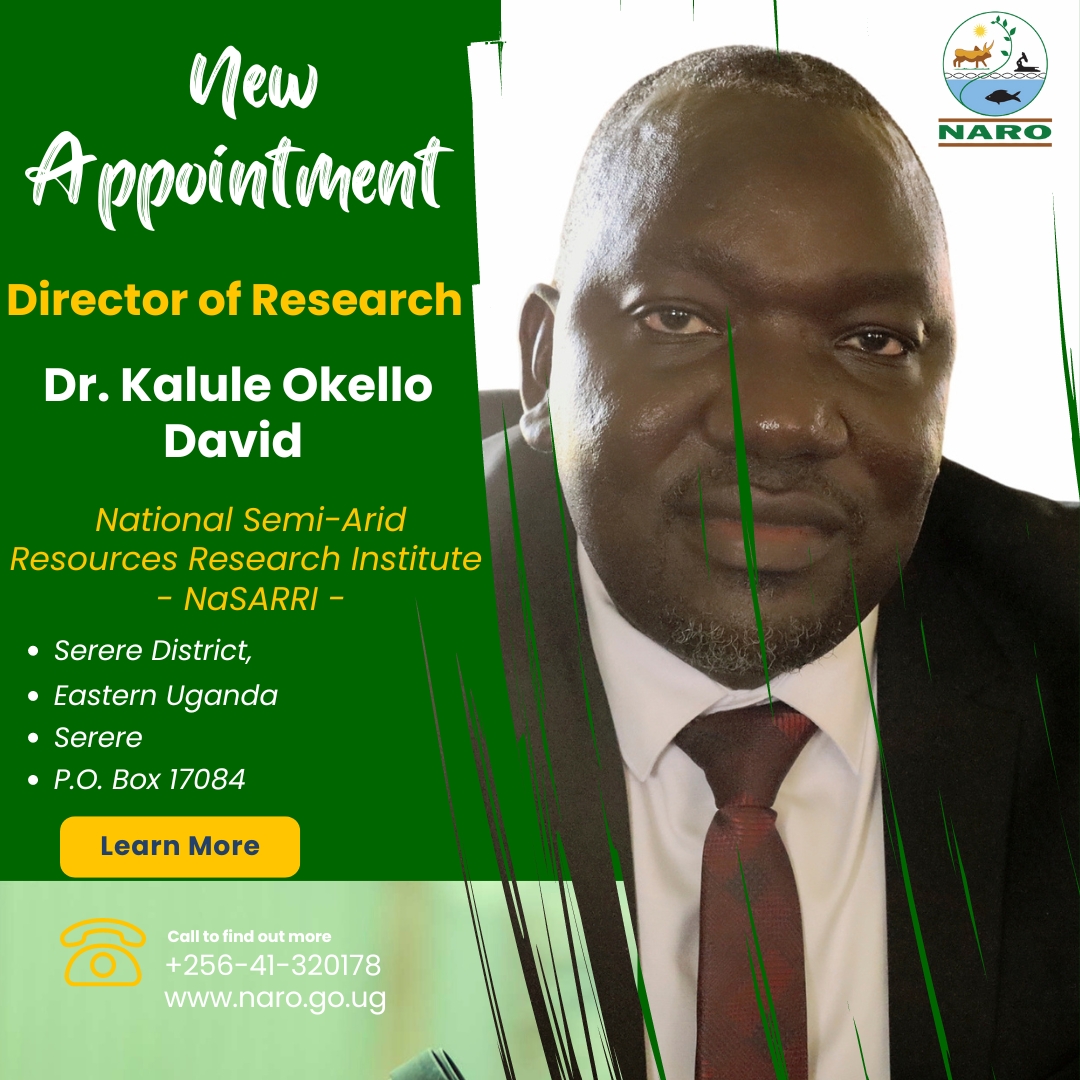 Dr. Kalule Okello takes the helm as the new Director of Research at the National Semi Arid Resources Research Institute (NaSARRI), one of Uganda's oldest Agricultural Research Institutes.

naro.go.ug/naris/nasarri/
