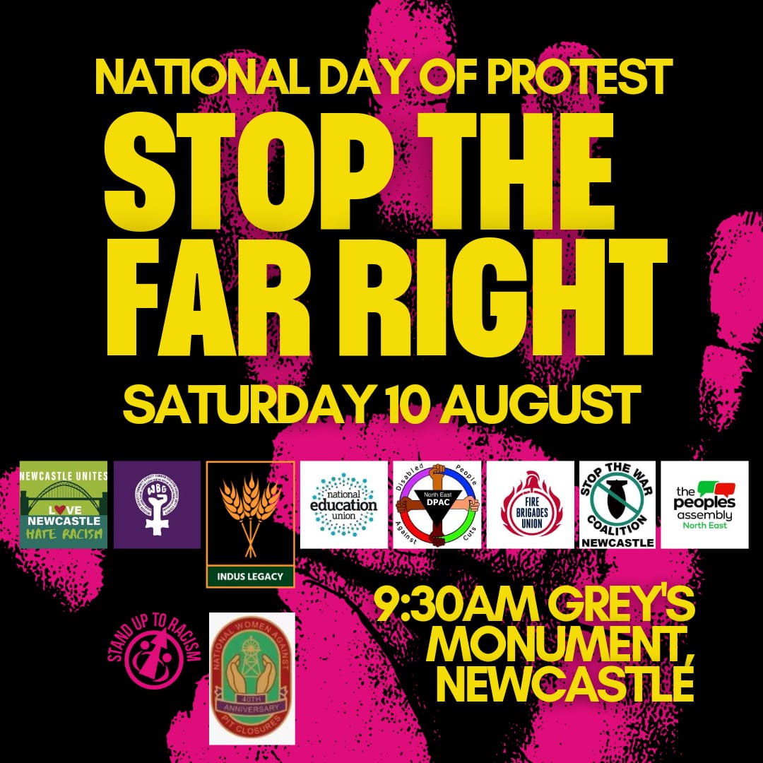 SUTR_NE's tweet photo. 🚨NATIONAL DAY OF PROTEST TO STOP THE FAR RIGHT!

📢This Saturday, join SUTRNE as part of the national day of action for mass anti racist resistance ✊🏾

👉 Join us to say #NoRacismNoFascism in our communities.

📆 Sat 10 August
📍 Grey's Monument
⏰️ 9:30am

#RefugeesWelcome https://t.co/lob2UH3N22