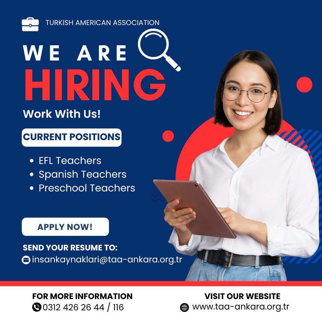 letstaa's tweet photo. 📌 We're Expanding Our Team at the Turkish American Association!

Join us in shaping futures at the TAA! We're currently hiring for multiple positions:

·     EFL Teachers
·     Spanish Teachers
·     Preschool Teachers

#EnglishTeacher #EFLTeachers #SpanishTeacher https://t.co/TNLuhhGdqC