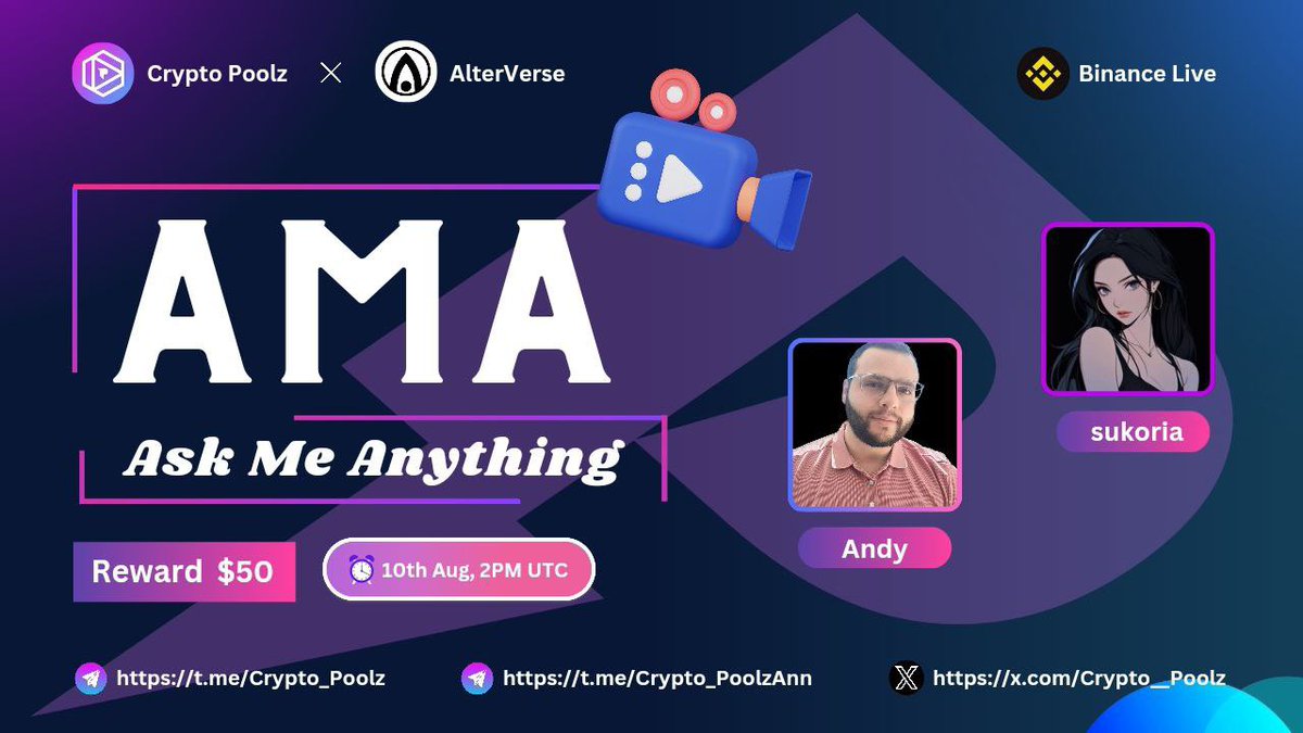 Crypto__Poolz's tweet image. 🚀Get ready for the Next #CryptoPoolz Binance Live AMA With #AlterVerse

🎁Prize: $50
📆Date: 10th July, 2:00 PM ( UTC)
🏨 Venue : binance.info/en/live/video?…

〽️  Rules Must be Followed Or You Will be Disqualified 👇

✔️. Follow @Crypto__Poolz &amp;amp; @AlterVerseGame
✔️. Join :…