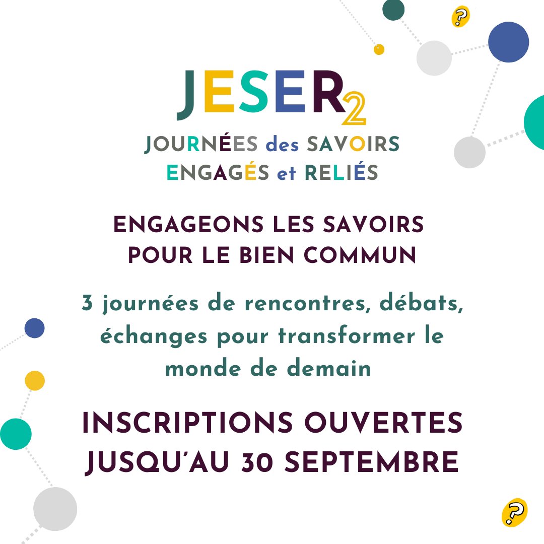Mouvement des Savoirs Engagés et Reliés (@laurentmser) on Twitter photo C’est le moment de s’inscrire aux Journées des savoirs engagés et reliés qui auront lieu à Lyon du 10 au 12 octobre et rassembleront citoyen·nes, associations, chercheur·ses académiques et non académiques pour réfléchir aux moyens d’engager les savoirs pour le bien commun. C’est le moment de s’inscrire aux Journées des savoirs engagés et reliés qui auront lieu à Lyon du 10 au 12 octobre et rassembleront citoyen·nes, associations, chercheur·ses académiques et non académiques pour réfléchir aux moyens d’engager les savoirs pour le bien commun.