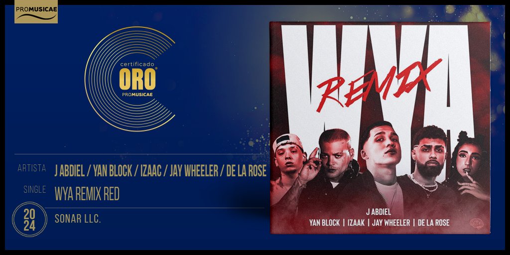 portaldemusica's tweet photo. CERTIFICADO
@J_abdielll junto a #YanBlock, @iZaakMusic, @jaywheelerpr y @delarosepr con el single: "WYA REMIX RED" sube al 🔝 3️⃣4️⃣ de la Lista Oficial #Top100Canciones https://t.co/1IfRbffzEy y logra #DiscoDeOro 📀 ¡Enhorabuena! 👏👏 https://t.co/cWKgSmo52B