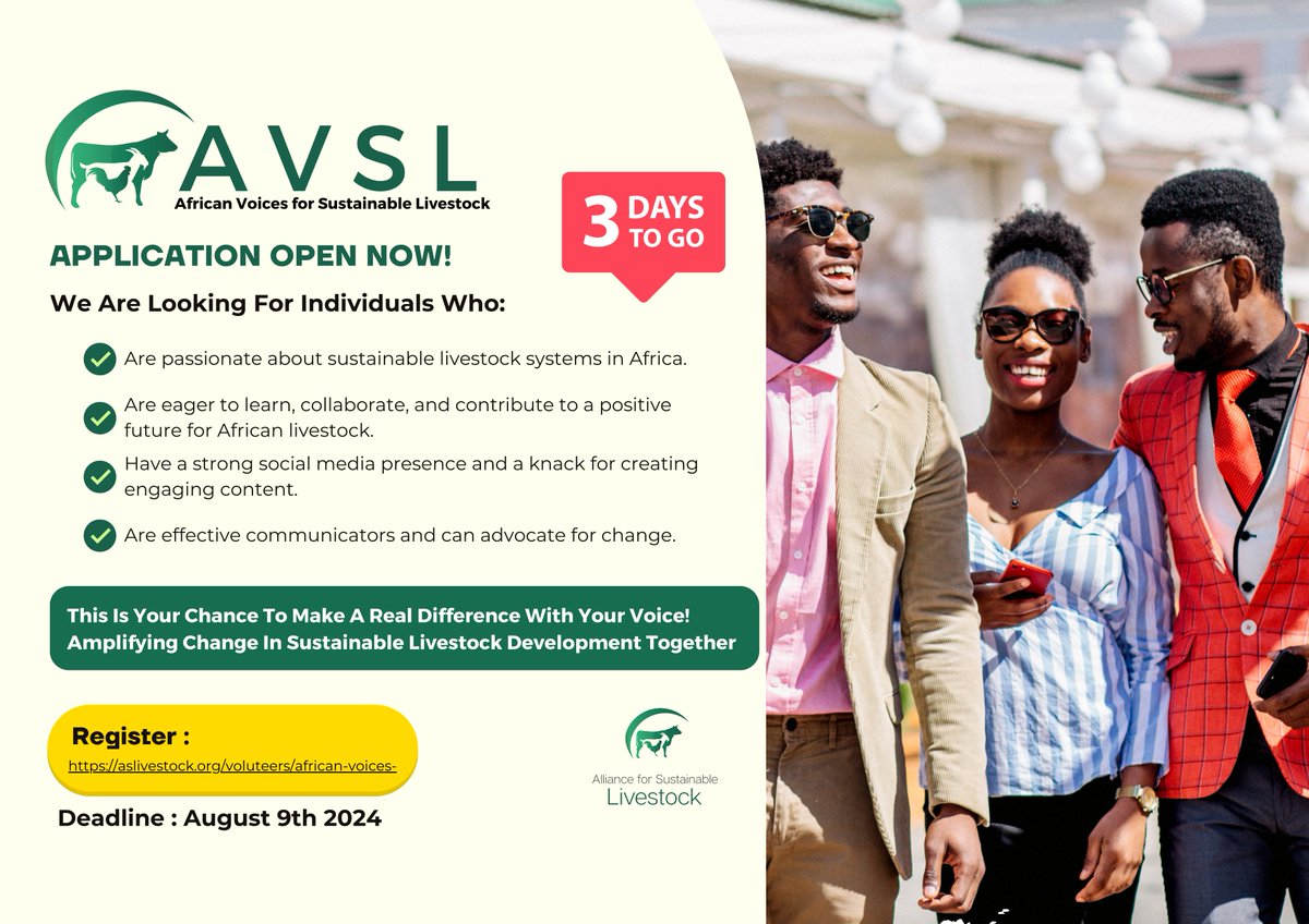 all4livestock's tweet image. Join the AVSL Ambassador Program!!! Passionate about sustainable livestock in Africa? what are you waiting for?
 Apply now and make a difference
🗓️ 3 days left  📷 Register: [aslivestock.org/volunteers/afr……] 📷#SustainableLivestock #AVSL #ChangeMakers #AfricaAfrica
