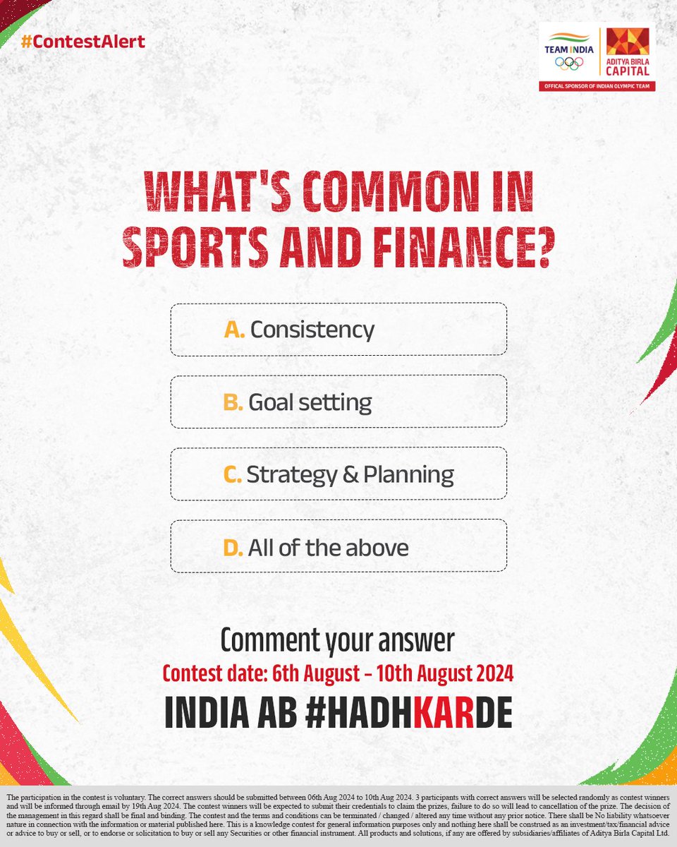 Contest_In (@contest_in) on Twitter photo CT: <a href="/abcapital/">Aditya Birla Capital</a> Sports and finance have so much in common. Comment your answer and stand a chance to win exciting prizes! India Ab #HadhKarDe #ContestAlert #AdityaBirlaCapital #WeAreTeamIndia #Paris2024📷 CT: <a href="/abcapital/">Aditya Birla Capital</a> Sports and finance have so much in common. Comment your answer and stand a chance to win exciting prizes! India Ab #HadhKarDe #ContestAlert #AdityaBirlaCapital #WeAreTeamIndia #Paris2024📷