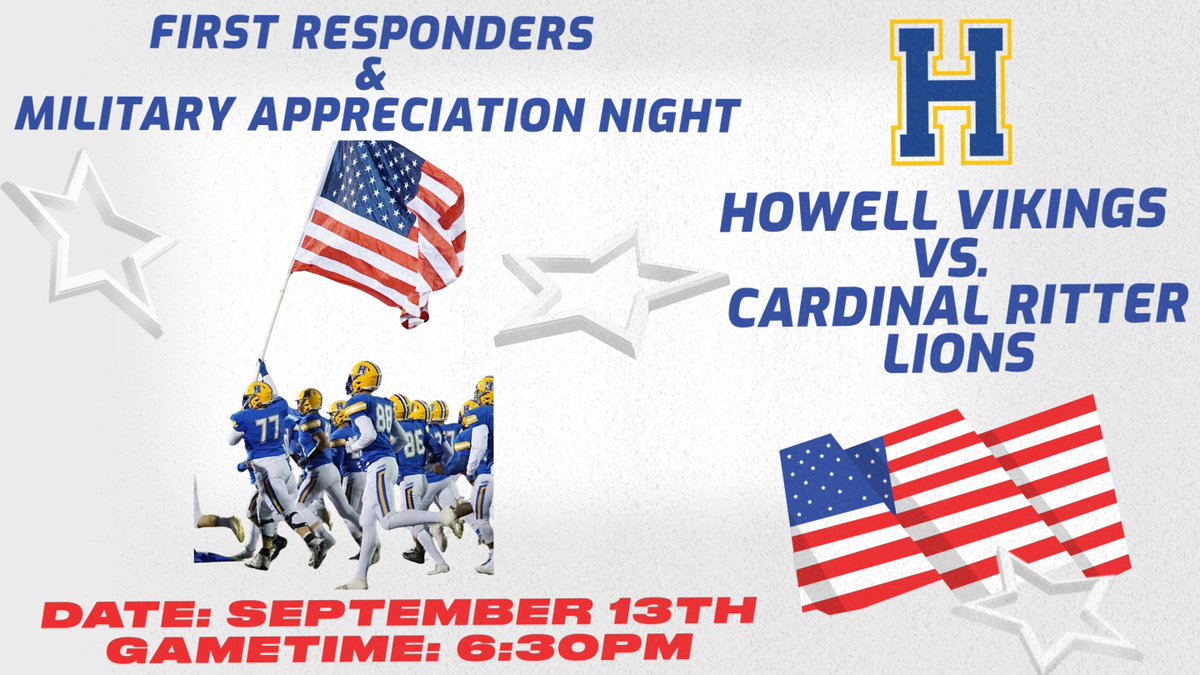 FHVikings's tweet photo. A Howell tradition like no other. Make plans now to join us September 13th for our First Responders &amp; Military Appreciation Night to benefit the Backstoppers! #etH https://t.co/IDpr3HW0KX