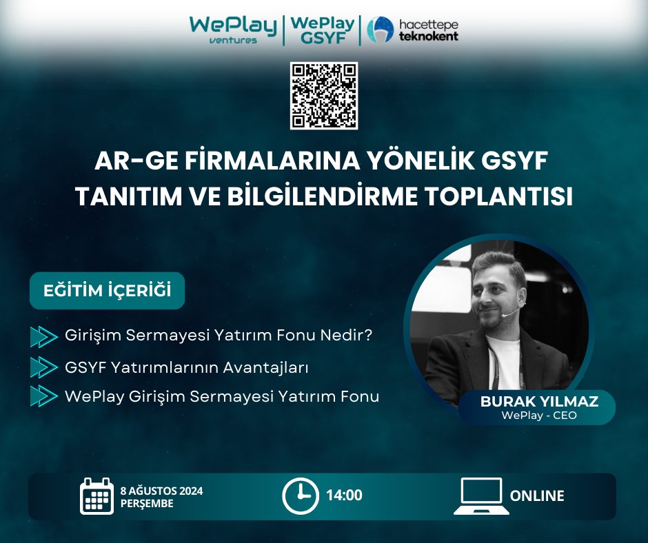 🚀 Ar-Ge Firmalarına Yönelik GSYF Tanıtım ve Bilgilendirme Toplantısı! 🚀

Hacettepe Teknokent ve WePlay Ventures iş birliğiyle düzenlenen “WePlay GSYF Tanıtım Günü”ne davetlisiniz! 🎉

Bu tanıtım gününde Girişim Sermayesi Yatırım Fonu, avantajları ve WePlay  GSYF hakkında