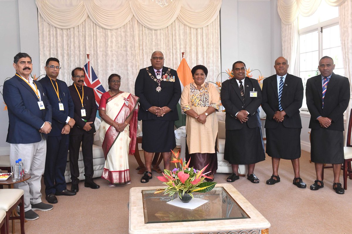 AmitShah's tweet photo. My heartfelt congratulations to Rashtrapati Smt Droupadi Murmu Ji on being conferred with the Companion of the Order of Fiji, the highest civilian honour of the nation. The honour not only enhances Bharat's prestige on the world stage but also strengthens the cultural, historical and diplomatic ties between both nations, reaffirming our partnership for the greater good of humanity.