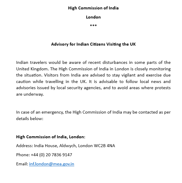 WIONews's tweet photo. #NewsAlert | India issues advisory for its citizens traveling to the UK amidst violence, asks to avoid areas where protests are underway
@HCI_London #UKRiots #LeedsRiots #BrightonProtest https://t.co/j86qGMvubf
