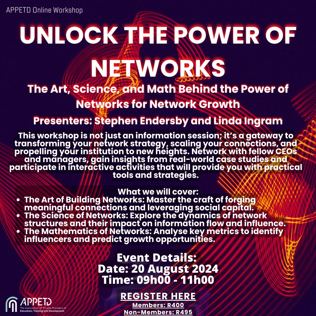 appetd's tweet photo. REGISTER HERE: https://t.co/17hoDlXEFB
This transformative session will delve into the intricate world of network theory, blending the creativity of art, the rigour of science, and the precision of mathematics to drive your institution’s growth and success. https://t.co/d5MzAoQrgw