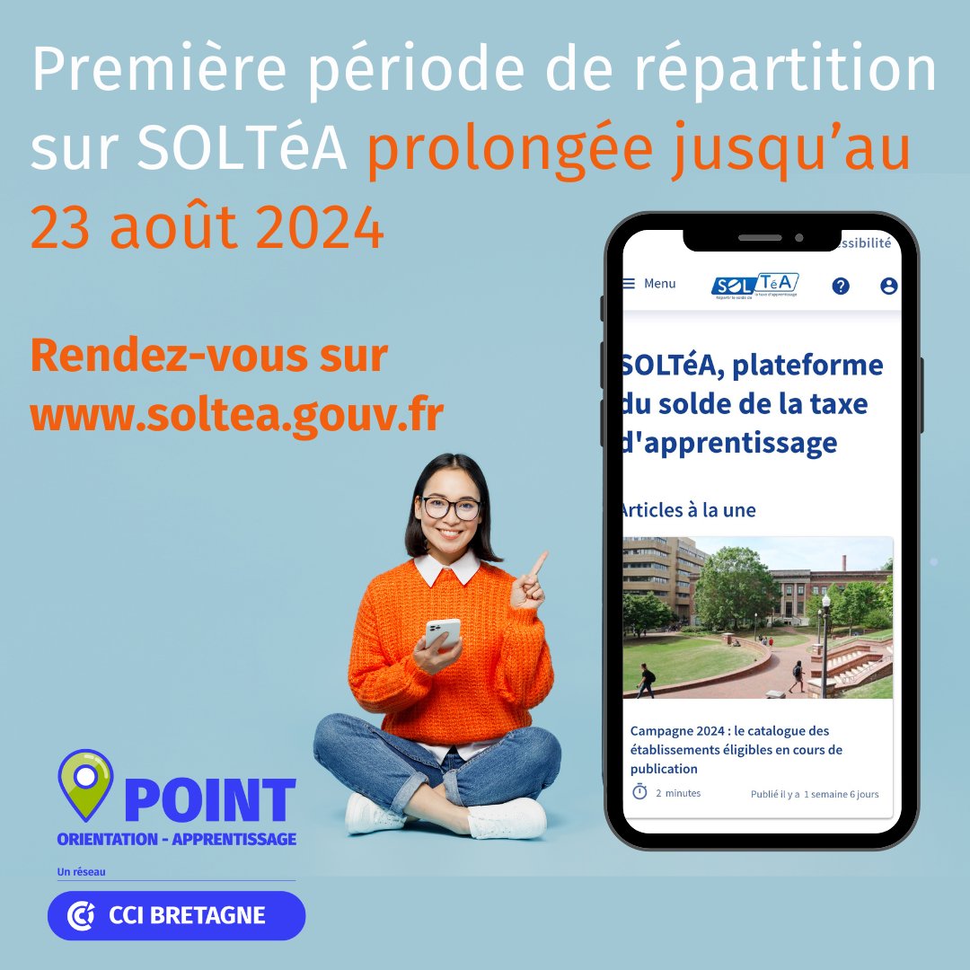CCIRBretagne's tweet photo. #TaxeApprentissage 2024 💸
La collecte de la taxe d’apprentissage continue ! La 1er période de répartition est prolongée jusqu’au 23 août prochain. Rendez-vous sur la plateforme SOLTéA pour attribuer votre solde de 13%. 
On vous explique tout ici 👉 https://t.co/9BdhobOpiH https://t.co/bz9H0KNwYT