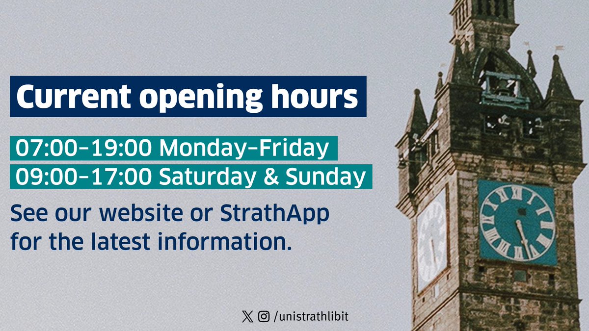 UniStrathLibIT's tweet photo. The @UniStrathclyde Library building is open from 7am to 7pm on weekdays and from 9am to 5pm at the weekends.

See @StrathApp or our website for the latest opening information: https://t.co/uzqwUdW8Vm https://t.co/nYkjzo372O