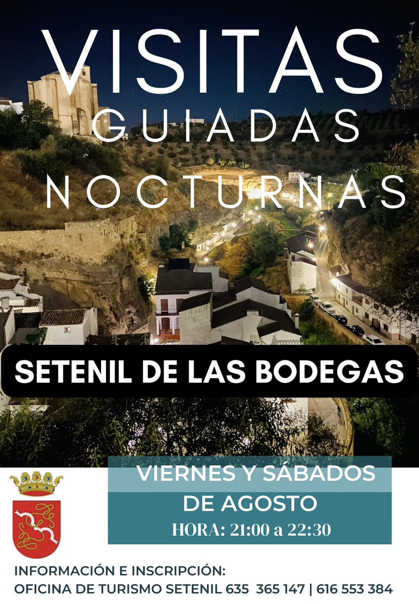 VISITAS GUIADAS NOCTURNAS 🌙

¿Te apetece hacer una ruta turística por Setenil de las Bodegas a la luz de la luna? 

Todos los Viernes y Sábados de agosto
De 21:00 a 22:30 horas
Punto de Encuentro: Plaza de Andalucía.

Inscripción 👇
Oficina de Turismo 616 553 384 | 635 365 147