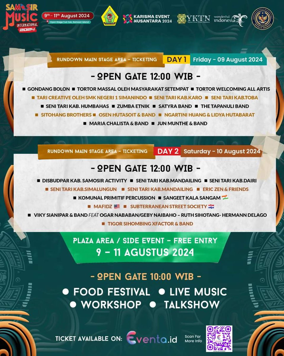 mafidzofficial's tweet photo. Rundown acara Samosir Music International Festival 2024 ๐ฎ๐ฉ ๐๐ผ Semoga perjalanan Mafidz bermuzik di sana dipermudahkan ๐คฒ๐ผ Sampai jumpa #SMIF2024
๐ Venue: Open Stage Tuk-tuk, Samosir Island, Indonesia
#visitlaketoba #visitsamosir https://t.co/CrsVg0Sqwb