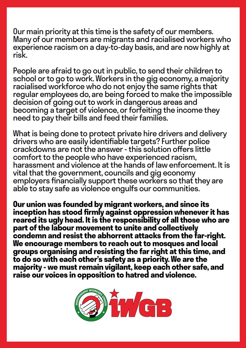 The IWGB condemned in the strongest possible terms the wave of far-right, fascist violence that has swept across the UK in recent days.

Our statement: