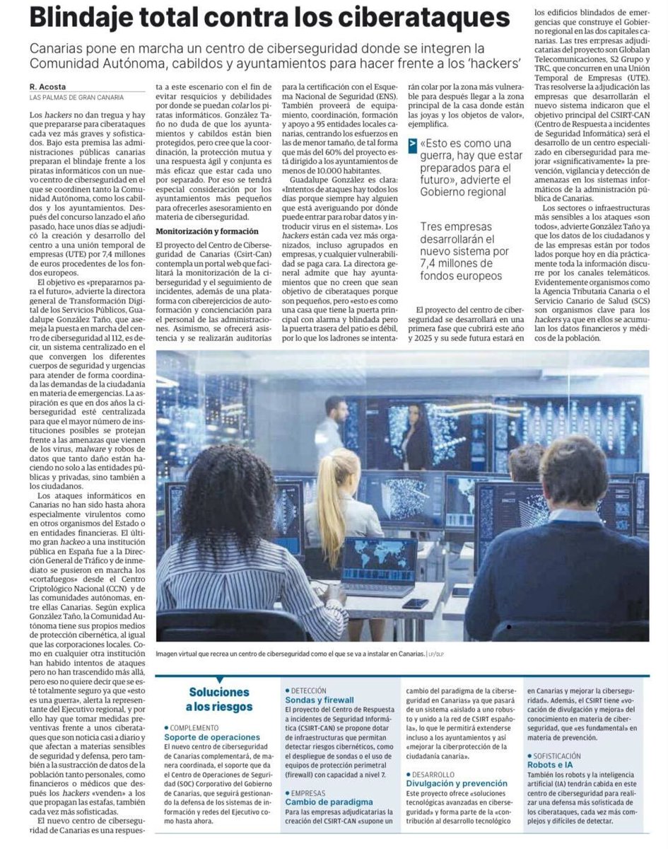 El Gobierno de Canarias, junto a cabildos y ayuntamientos crea el CSIRT-CAN, un Centro de #Ciberseguridad🛡️ que busca blindar nuestros sistemas contra las amenazas digitales. 
¡Así, seguimos avanzando hacia un futuro más seguro!💪
#TransformaciónDigital