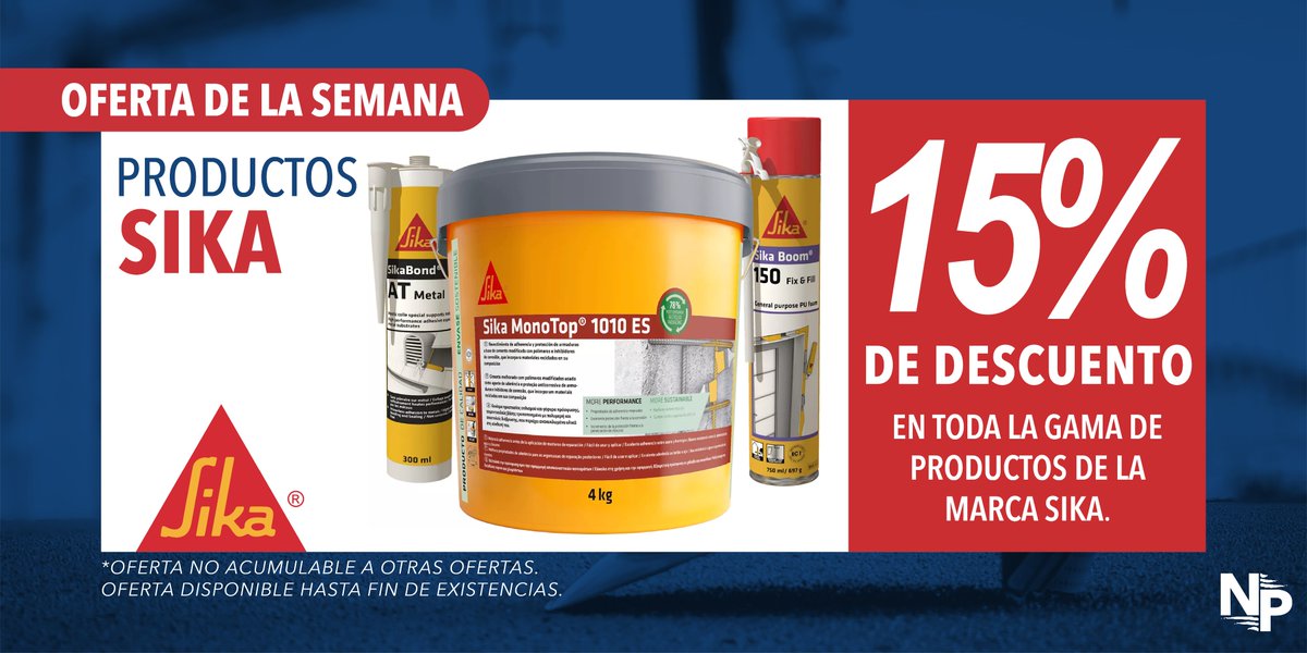 Una vez más, llega la OFERTA DE LA SEMANA. Y esta vez viene con una de las marcas número uno a nivel mundial especializada en productos químicos para la construcción; SIKA. 
Si necesitas cualquiera de sus productos, este descuento es para ti.
¡No dejes pasar la oportunidad!