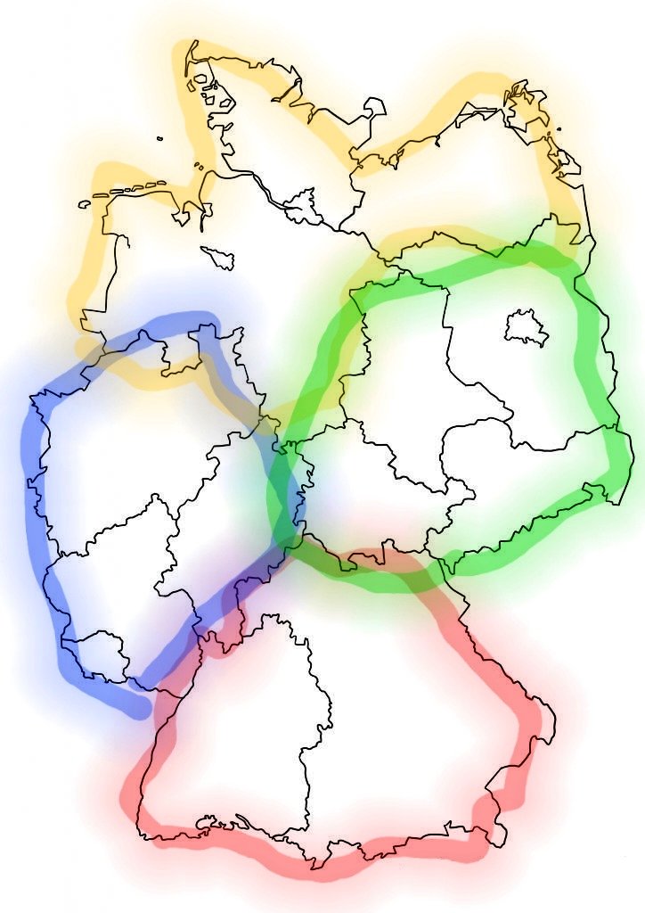 Was längst überfällig wäre.

Wir vereinen die 16 Bundesländer zu 4 großen &amp; sparen uns die immensen Kosten von 16 Landesregierungen &amp; hunderten Landesämtern, die alle nur das gleiche machen.

🟡 Nord-Deutschland
🟢 Ost-Deutschland
🔴 Süd-Deutschland
🔵 West-Deutschland

Deal?